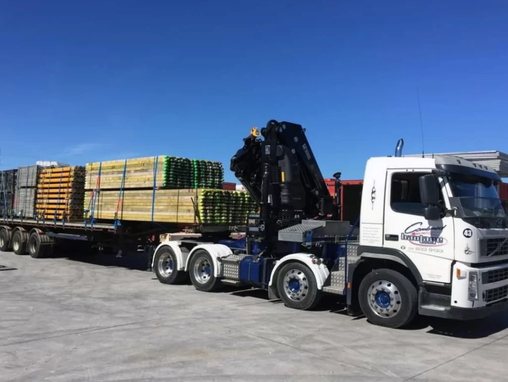 hiab hire truck moving wooden building materials